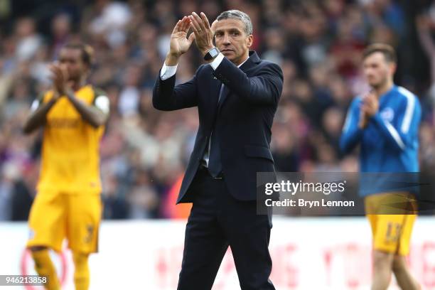Chris Hughton, Manager of Brighton and Hove Albion applauds fans after the Premier League match between Crystal Palace and Brighton and Hove Albion...