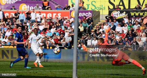 Everton goalkeeper Jordan Pickford is beaten for the Swansea goal by Jordan Ayew during the Premier League match between Swansea City and Everton at...