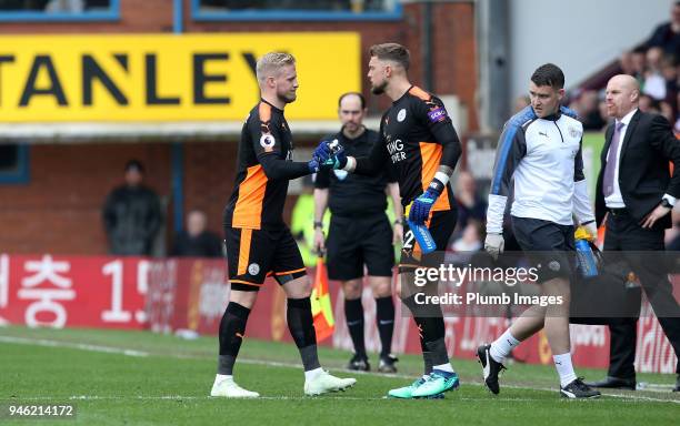 Ben Hamer of Leicester City replaces the injured Kasper Schmeichel of Leicester City during the Premier League match between Burnley and Leicester...