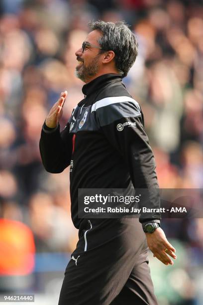 David Wagner head coach / manager of Huddersfield Town celebrates at full time during the Premier League match between Huddersfield Town and Watford...