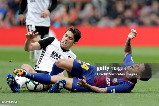 Gabriel Paulista of Valencia CF, Philippe Coutinho of FC Barcelona during the La Liga Santander match between FC Barcelona v Valencia at the Camp Nou...