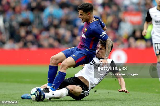 Philippe Coutinho of FC Barcelona, Gabriel Paulista of Valencia CF during the La Liga Santander match between FC Barcelona v Valencia at the Camp Nou...