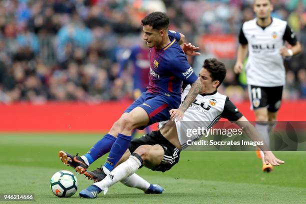 Philippe Coutinho of FC Barcelona, Gabriel Paulista of Valencia CF during the La Liga Santander match between FC Barcelona v Valencia at the Camp Nou...