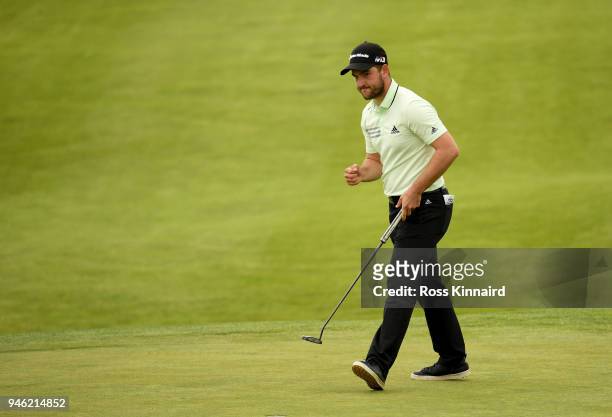 Bradley Neil of Scotland lines up his putt on the par four 16th hole during the third round of the Open de Espana at Centro Nacional de Golf on April...