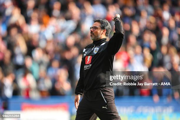 David Wagner head coach / manager of Huddersfield Town celebrates at full time during the Premier League match between Huddersfield Town and Watford...