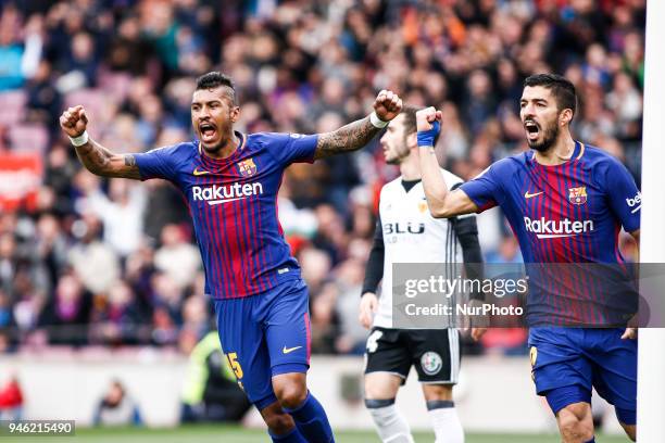 Paulinho from Brasil of FC Barcelona and 09 Luis Suarez from Uruguay of FC Barcelona celebrating a goal during the La Liga match between FC Barcelona...