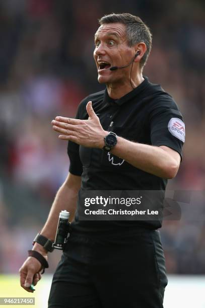 Andre Marriner gives instruction during the Premier League match between Crystal Palace and Brighton and Hove Albion at Selhurst Park on April 14,...