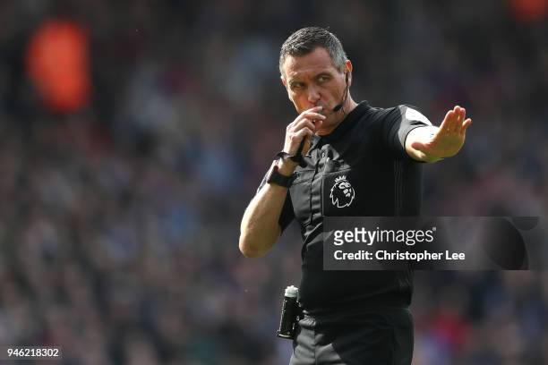 Andre Marriner gives instruction during the Premier League match between Crystal Palace and Brighton and Hove Albion at Selhurst Park on April 14,...