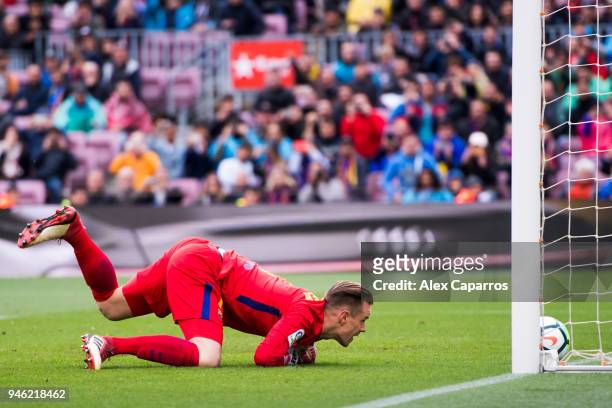 Marc-Andre Ter Stegen of FC Barcelona fails to stop the penalty kick taken by Daniel Parejo of Valencia CF during the La Liga match between Barcelona...