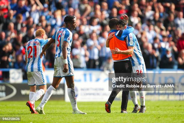 Tommy Smith of Huddersfield Town and Christopher Schindler of Huddersfield Town celebrate during the Premier League match between Huddersfield Town...
