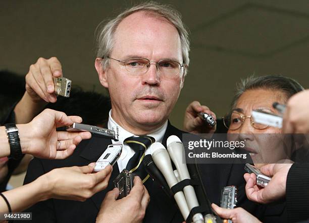 Christopher Hill, U.S. Assistant secretary of state, speaks during a news conference after meeting with Kenichiro Sasae, bureau chief of Japanese...