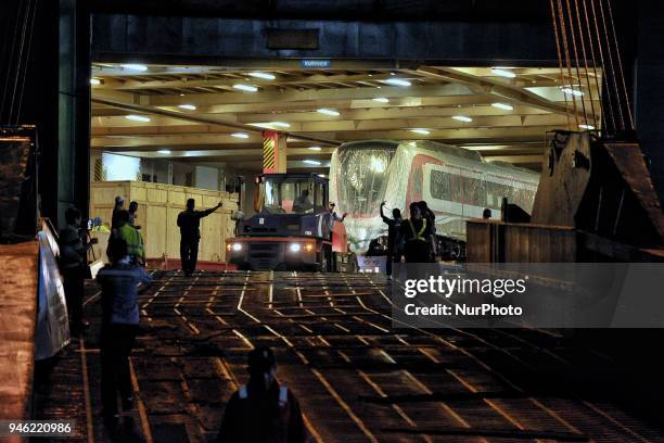 Train set of Light Rail Transit arrives at Tanjung Priok Car Terminal in Jakarta, Indonesia on April 14, 2018. One LRT train set consist of two train...