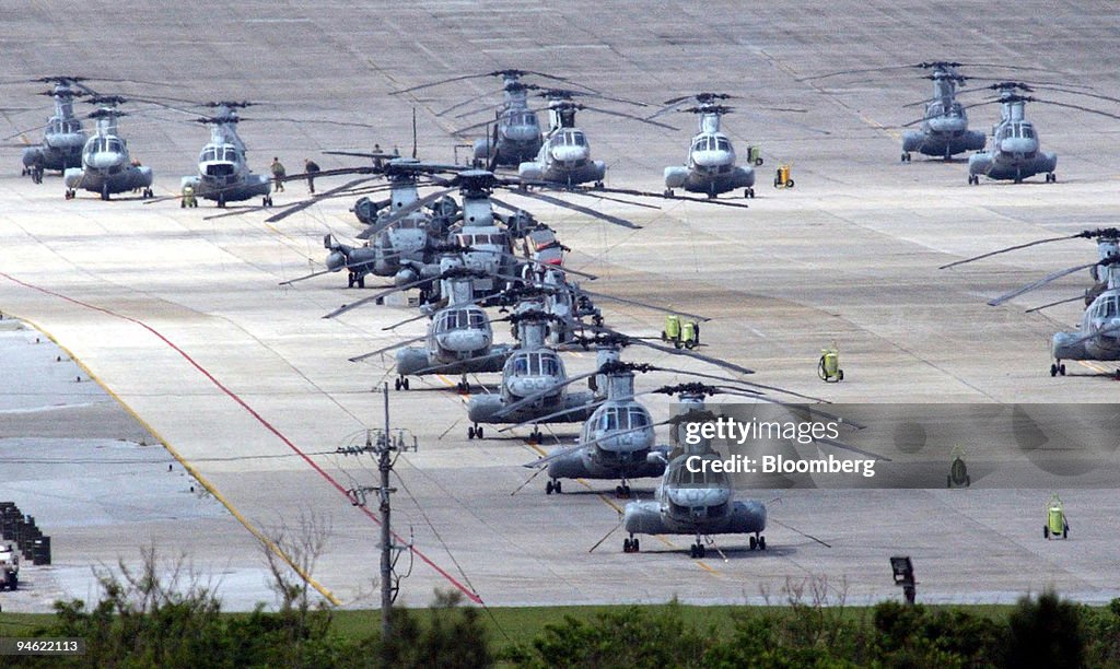 Helicopters are seen at the airport of the Futenma U.S. Mari
