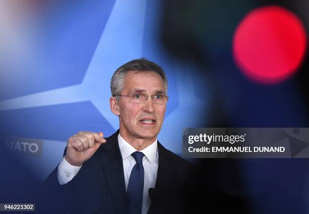 General Secretary Jens Stoltenberg addresses a press conference following British, French and US strikes against Syria's regime at the NATO...