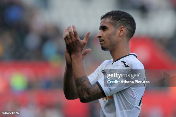 Kyle Naughton of Swansea City thanks home supporters during the Premier League match between Swansea City and Everton at The Liberty Stadium on April...