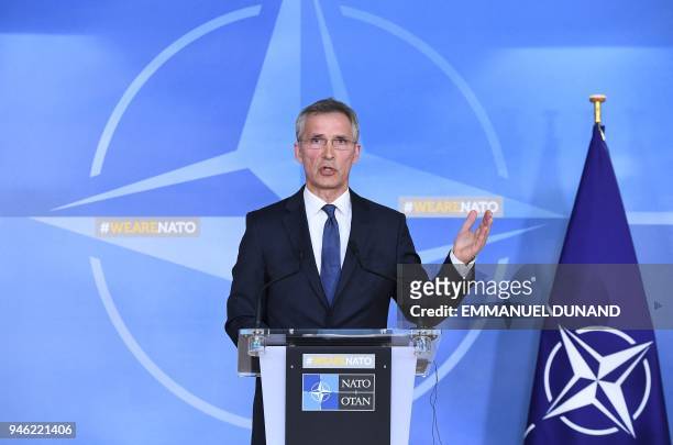 General Secretary Jens Stoltenberg addresses a press conference following British, French and US strikes against Syria's regime at the NATO...