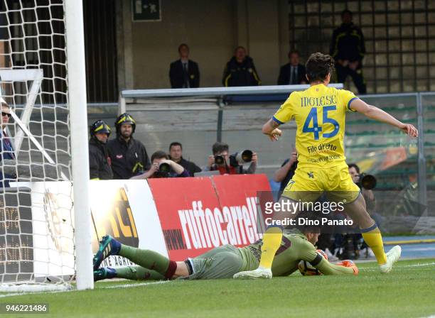 Roberto Inglese of Chievo Verona competes with Salvatore Sirigu goalkeeper of Torino FC during the serie A match between AC Chievo Verona and Torino...