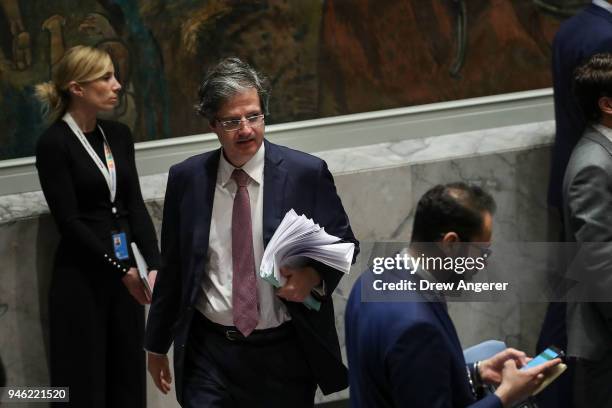 French Ambassador to the United Nations Francois Delattre arrives for a United Nations Security Council emergency meeting concerning the situation in...