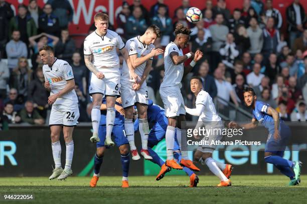 Wall of Swansea players Andy King, Alfie Mawson, Federico Fernandez and Tammy Abraham jumps for an Everton free kick during the Premier League match...