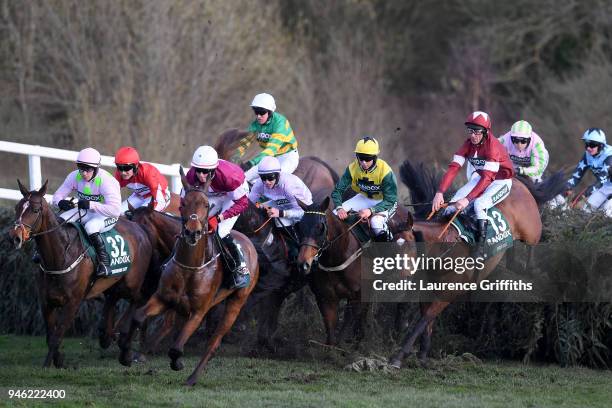 Davy Russell rides Tiger Roll over Canal Turn during the 2018 Randox Health Grand National at Aintree Racecourse on April 14, 2018 in Liverpool,...