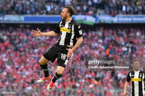 Josip Drmic of Moenchengladbach celebrates after he scored a goal to make it 0:1 during the Bundesliga match between FC Bayern Muenchen and Borussia...