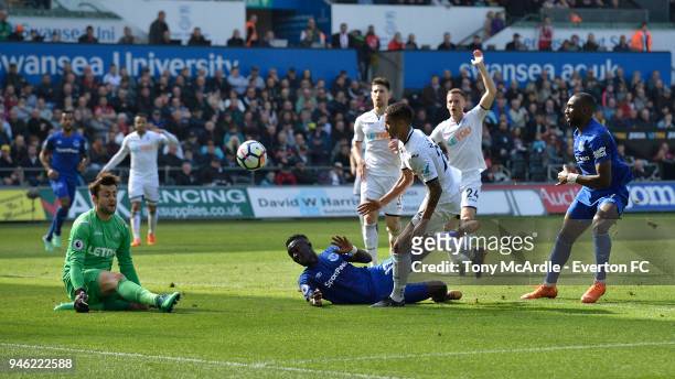 Kyle Naughton of Swansea scores an own goal during the Premier League match between Swansea City and Everton at the Liberty Stadium on April 14, 2018...