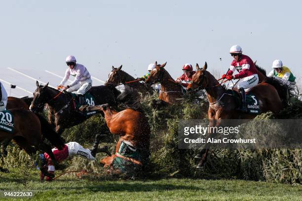 Davy Russell riding Tiger Roll clear The Chair on their way to winning The Randox Health Grand National Handicap Steeple Chase at Aintree racecourse...