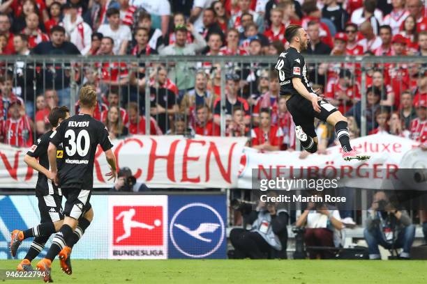 Josip Drmic of Moenchengladbach celebrates after he scored a goal to make it 0:1 during the Bundesliga match between FC Bayern Muenchen and Borussia...