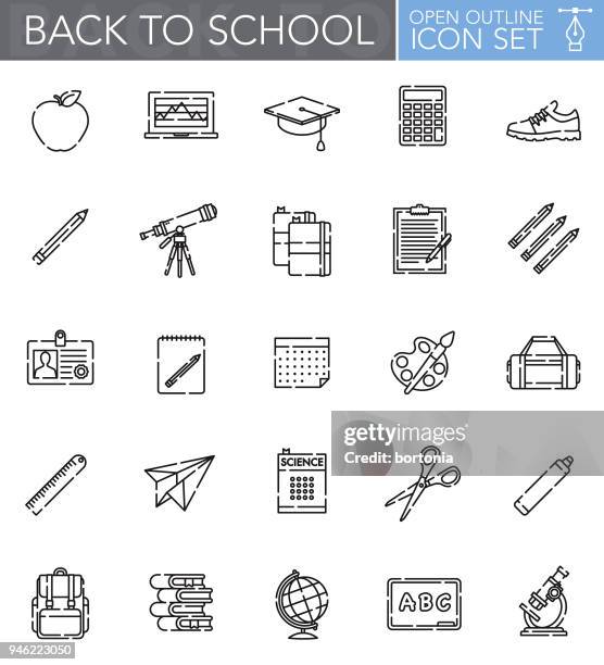 illustrations, cliparts, dessins animés et icônes de retour à l’école fournitures contour ouvert icon set - icône au contour ouvert