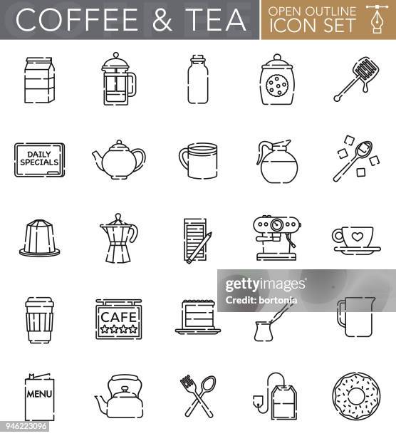 coffee and tea open outline icon set - teapot icon stock illustrations