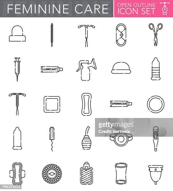 feminine pflege-offene kontur-icon-set - contraceptive stock-grafiken, -clipart, -cartoons und -symbole