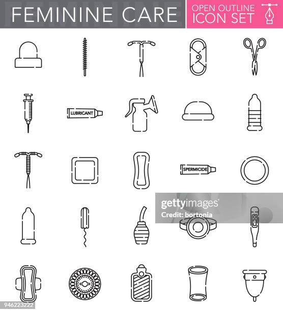 ilustraciones, imágenes clip art, dibujos animados e iconos de stock de conjunto de iconos de contorno abierto cuidado femenino - contraceptive patch