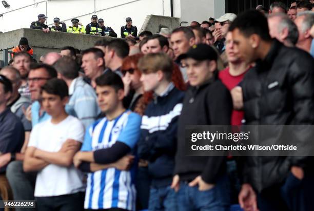 Police watch over Brighton fans during the Premier League match between Crystal Palace and Brighton and Hove Albion at Selhurst Park on April 14,...