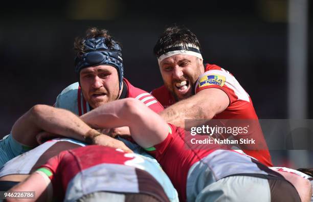 Jeremy Thrush of Gloucester and Will Collier of Harlequins in action during the Aviva Premiership match between Gloucester Rugby and Harlequins at...