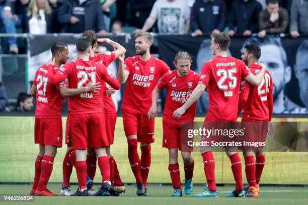 Fredrik Jensen of FC Twente celebrates 0-1 with Luciano Slagveer of FC Twente, Danny Holla of FC Twente, Stefan Thesker of FC Twente, Jeroen van der...