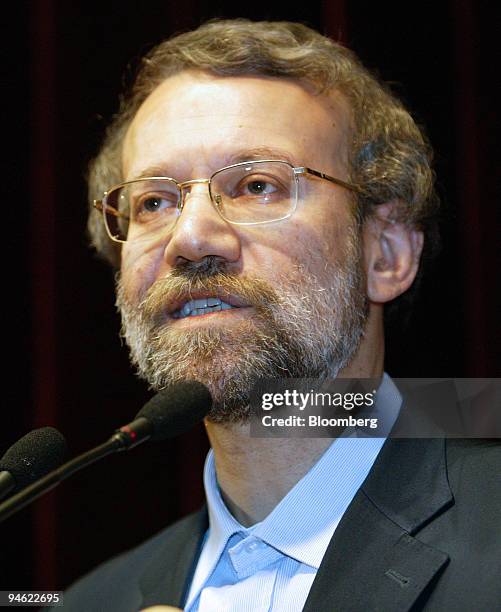 Ali Larijani, Supreme National Security Council chief of Iran, speaks to the media during a news conference at the Iranian embassy in Beijing, China,...