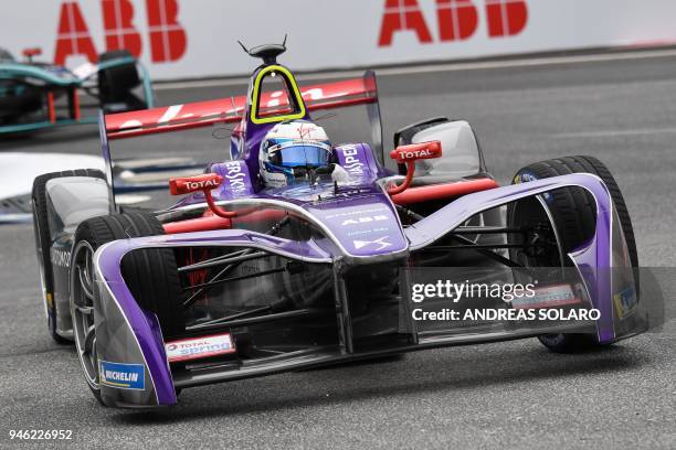 Virgin racing team driver Sam Bird of Britain, steers his car during the Rome leg of the Formula E electric car championship in the EUR district of...