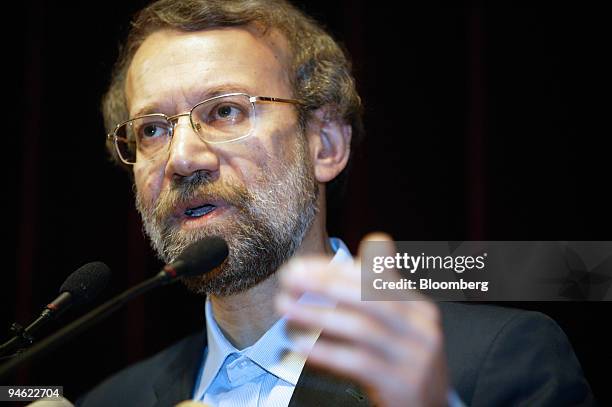 Ali Larijani, Supreme National Security Council chief of Iran, speaks to the media during a news conference at the Iranian embassy in Beijing, China,...