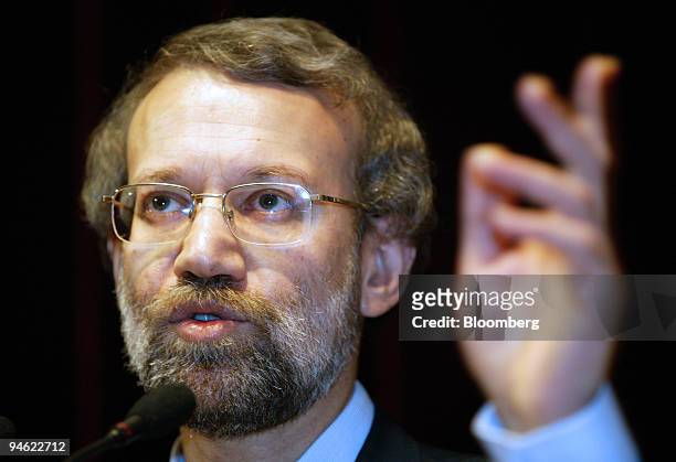 Ali Larijani, Supreme National Security Council chief of Iran, speaks to the media during a news conference at the Iranian embassy in Beijing, China,...