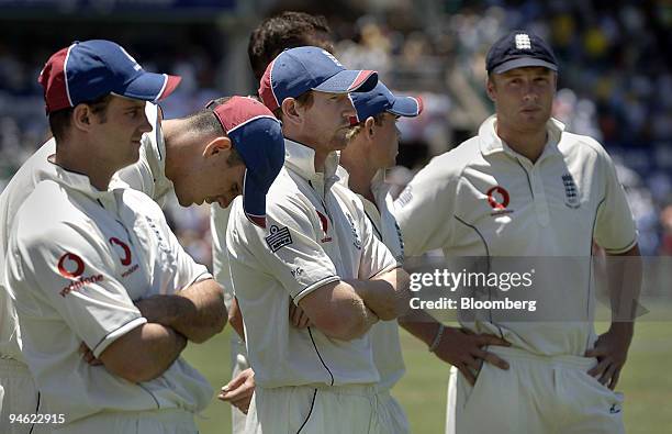 Members of the England cricket team including Andrew Strauss, left, Kevin Pietersen, second left, Paul Collingwood, third left, and captain Andrew...