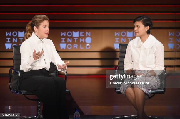 Sophie Gregoire Trudeau and Fast Company Editor in Chief Stephanie Mehta speak onstage at the 2018 Women In The World Summit at Lincoln Center on...