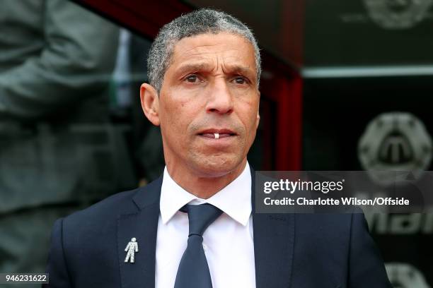 Brighton manager Chris Hughton chews gum during the Premier League match between Crystal Palace and Brighton and Hove Albion at Selhurst Park on...