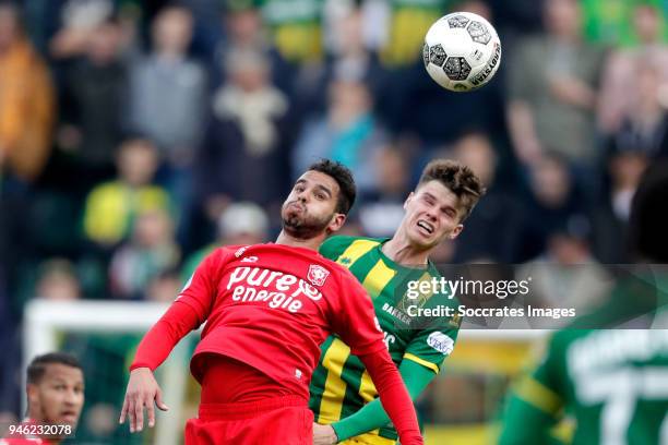 Adam Maher of FC Twente, Danny Bakker of ADO Den Haag during the Dutch Eredivisie match between ADO Den Haag v Fc Twente at the Cars Jeans Stadium on...