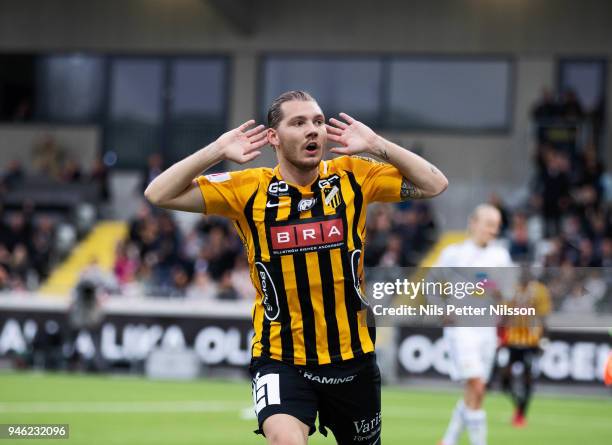 Karl Bohm of BK Hacken celebrates after scoring to 3-0 during the Allsvenskan match between BK Hacken and Dalkurd FF at Bravida Arena on April 14,...