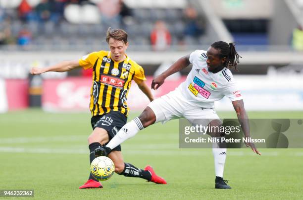 Viktor Lundberg of BK Hacken and Kebba Ceesay of Dalkurd FF during the Allsvenskan match between BK Hacken and Dalkurd FF at Bravida Arena on April...