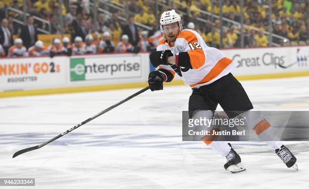 Michael Raffl of the Philadelphia Flyers skates during the first period in Game One of the Eastern Conference First Round during the 2018 NHL Stanley...