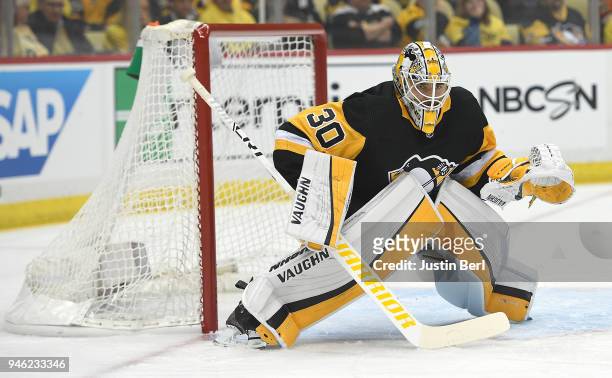 Matt Murray of the Pittsburgh Penguins tends goal during the first period in Game One of the Eastern Conference First Round during the 2018 NHL...