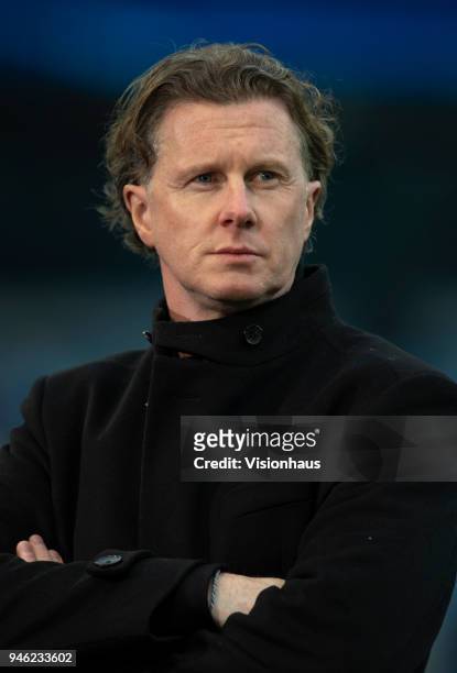 Pundit Steve McManaman before the UEFA Champions League quarter final, 2nd leg tie between Manchester City and Liverpool at the Etihad Stadium on...