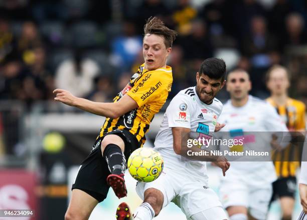 Viktor Lundberg of BK Hacken and Rewan Amin of Dalkurd FF competes for the ball during the Allsvenskan match between BK Hacken and Dalkurd FF at...