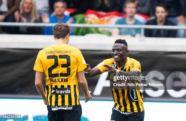 Alhassan Kamara of BK Hacken celebrates after scoring to 1-0 during the Allsvenskan match between BK Hacken and Dalkurd FF at Bravida Arena on April...